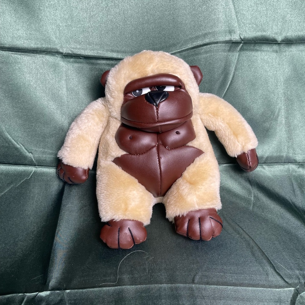 Vintage 6" Tan Gorilla w/ Side Eyes Plush Black Vinyl Faux Leather Monkey Ape